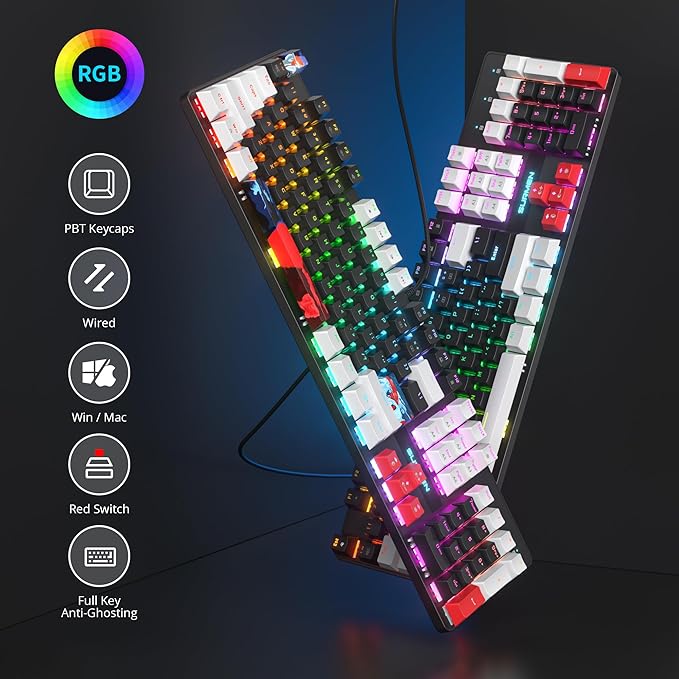 RGB Gaming Keyboard 104-Key Wired Mechanical Keyboard Creamy with Number Pad Linear Red Switch NKRO Full Size for Windows Laptop PC Gamer