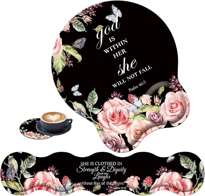 3 in 1 Keyboard Wrist Rest + Mouse Pad and Coaster Ergonomic Gel Mouse Pad and Keyboard Pad Set Comfortable Lightweight for Easy Typing Pain Relie Floral Quote Bible Verse Psalm 46:5