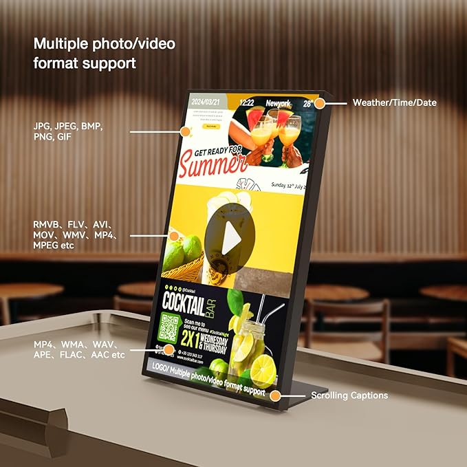 Digital Menu Board 18.5 inch Desktop Digital Signage Display Advertising Screen for Stores Restaurants and Commercial Display 700 nits Ultra-High Brightness Free Web Content Editor Android