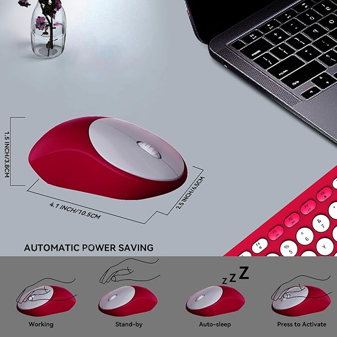 FD Wireless Keyboards and Mouse Combo - 2.4GHz USB Cordless Cute Wireless Keyboard Round Keys Quiet and Slim Set for Laptop Computer TV and Mac - Strawberry White Colorful