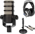 Rode PodMic Dynamic Podcast Microphone with On-Stage DS7200B Desktop Mic Stand StreamEye Cans50 Podcast Headphones XLR Cable and StreamEye Polishing Cloth