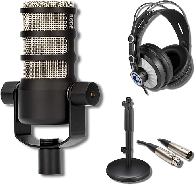 Rode PodMic Dynamic Podcast Microphone with On-Stage DS7200B Desktop Mic Stand StreamEye Cans50 Podcast Headphones XLR Cable and StreamEye Polishing Cloth