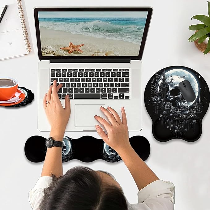 Mouse Wrist Rest and Keyboard Wrist Rest Pad+ Coaster Set Non-Slip Rubber Base Smooth Surface Ergonomic Gaming Mouse Pad for Easy Typing and Pain Relief Skull Rose Under The Moon
