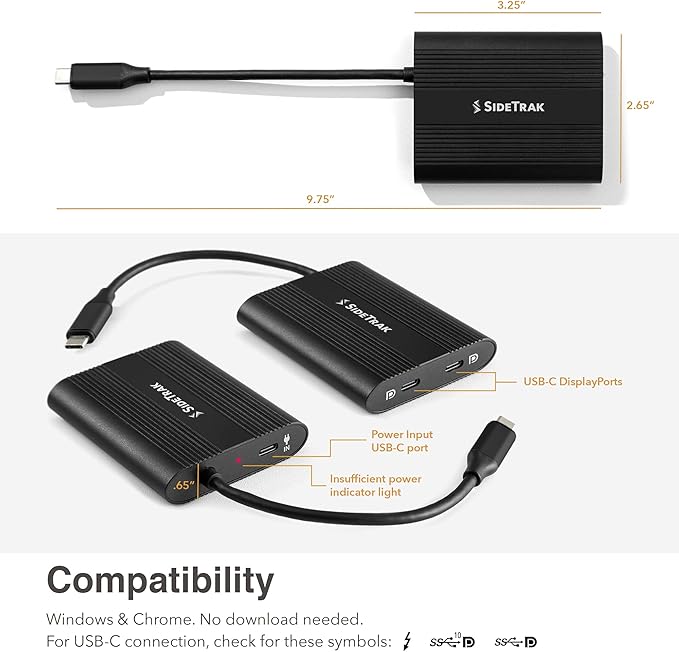 SideTrak USB-C Adapter Laptop Compatible Multi Charging Travel Friendly USB Type C with Pass-Through Power Black Compatible with SideTrak Solo and Swivel Triple Screen Monitors | WindowsOS Only