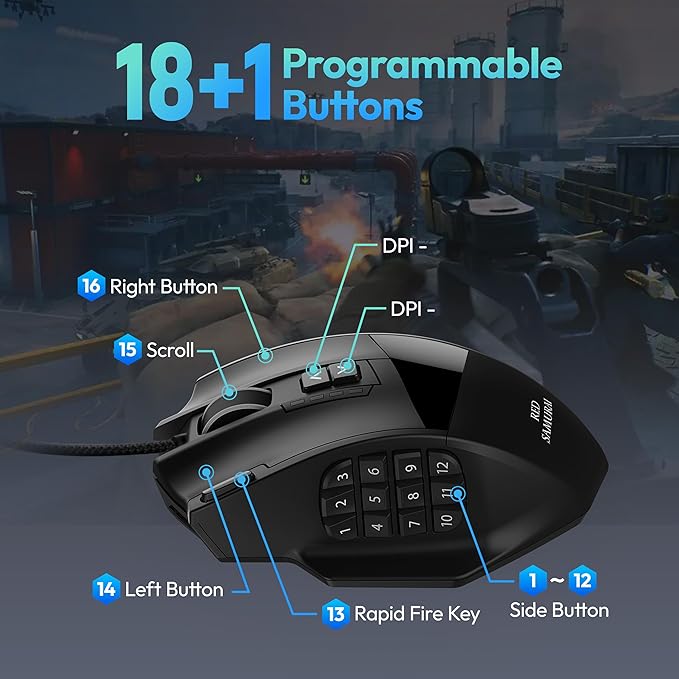 RED SAMURAI Wired Gaming Mouse MMO Gaming Mouse 16400DPI 18 Macro Programable Buttons Ergonomic RGB Wired Mouse with 12 Side Buttons Weight Adjustable Stable Grip Compatible for MMO/FPS/MOBA