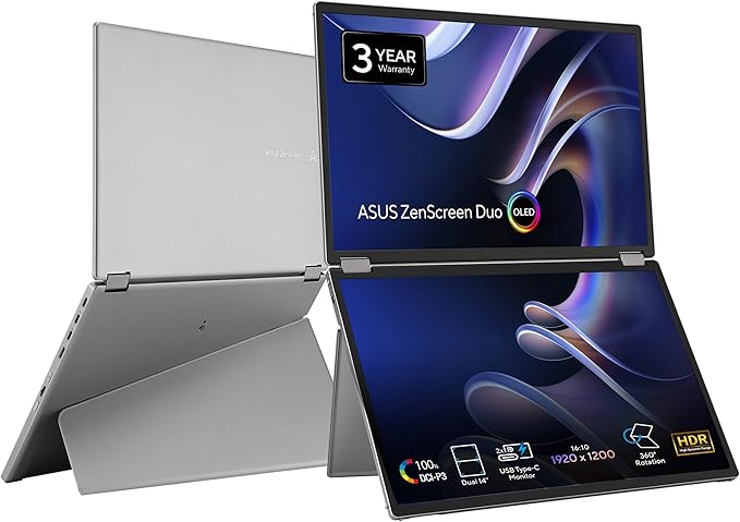ASUS ZenScreen Duo OLED 360° Foldable Portable Monitor (MQ149CD) - Dual 14-inch 16:10 1920x1200 DisplayHDR400 True Black 100% DCI-P3 Delta&lt2 Dual USB-C Mini-HDMI Kickstand 3 yr Warranty