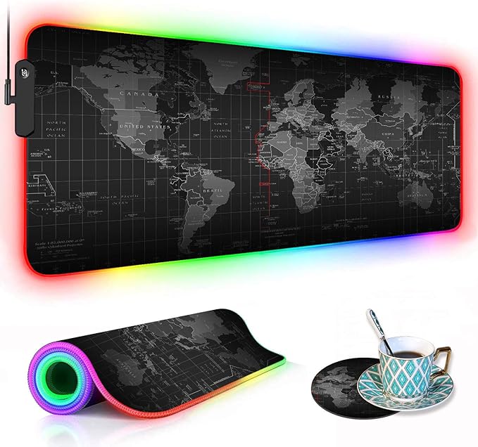 RGB Gaming Mouse Pad with Coffee Coaster XXL Large Glowing LED Mousepad Anti-Slip Rubber Base Computer Keyboard Desk Mouse Mat 31.5 X 11.8 Inch - World Map Pattern
