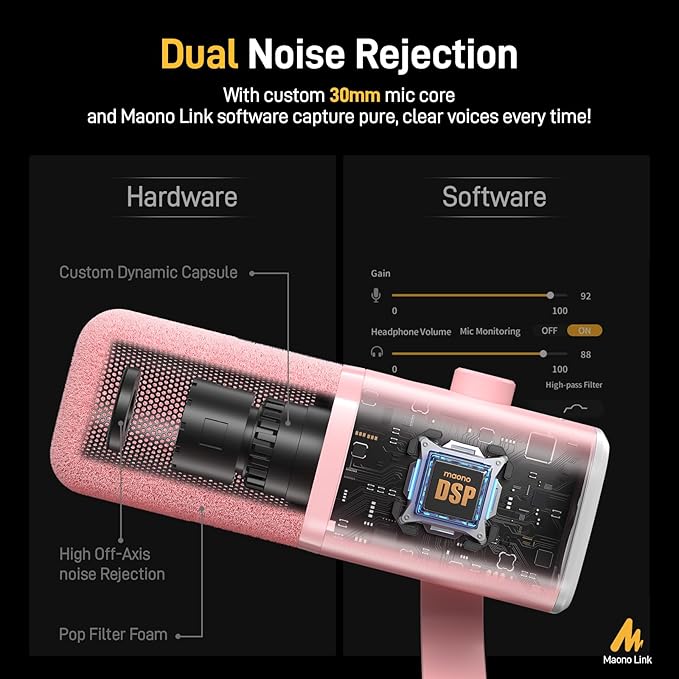 MAONO USB/XLR Podcasting Microphone for PC Gaming Streaming Dynamic Mic with Mute Button RGB Desktop StandComputer Mic for Video Studio Recording-PD100XPink