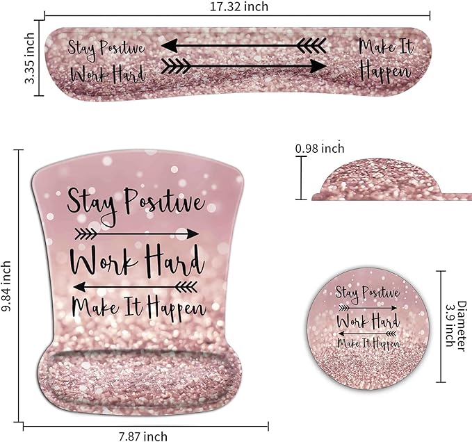 Ergonomic Mouse Pad Wrist Support Gel and Keyboard Wrist Rest Set Stay Positive Work Hard and Make It Happen Pink Glitter Design for Laptop Gaming and OfficeComfortable and Pain Relief + Coaster