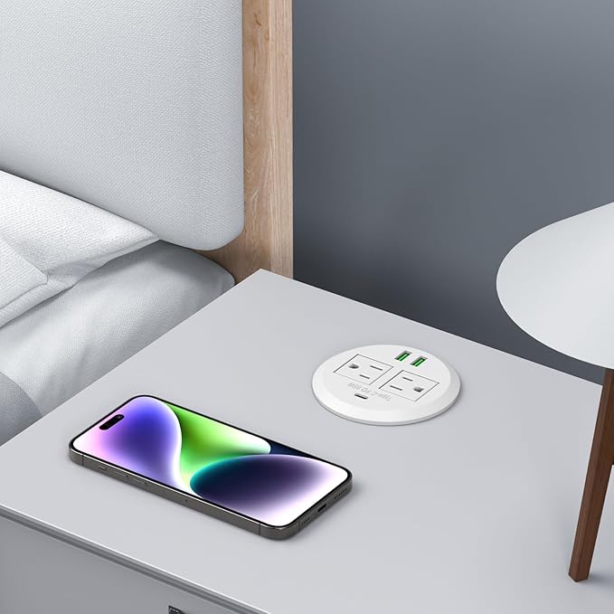 3-inch Desktop Power GrommetMax 65W USB C Charger2 Outlets and 3 USB High-Speed Charging Station Flush Mount Desk Hole Round Power Outlet Recessed Power Strip6ft Cord Flat Plug