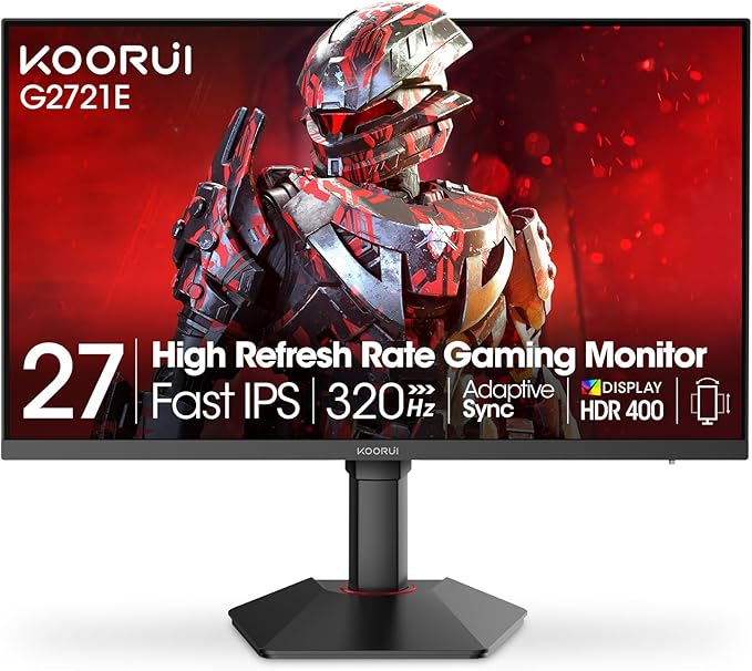 KOORUI 27 Inch Gaming Monitor 1440p 320Hz Fast IPS PC Monitor 1ms HDR400 98% DCI-P3 PIP/PBP Mode Adaptive Sync Compatible Ergonomic Stand HDMI 2.1 &amp DisplayPort 1.4 VESA Mountable G2721E