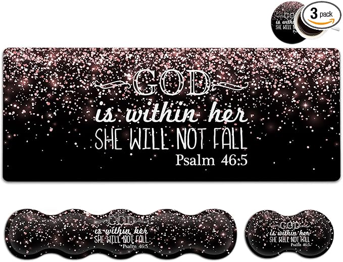 Large Gaming Mouse Pad Memory Foam Keyboard Wrist Rest Extended Office Desk Mat Office Desk Pad with Stitched Edges Laptop Desk Table Protector Rose Gold Glitter Psalm 46:5 Black Writing Mat