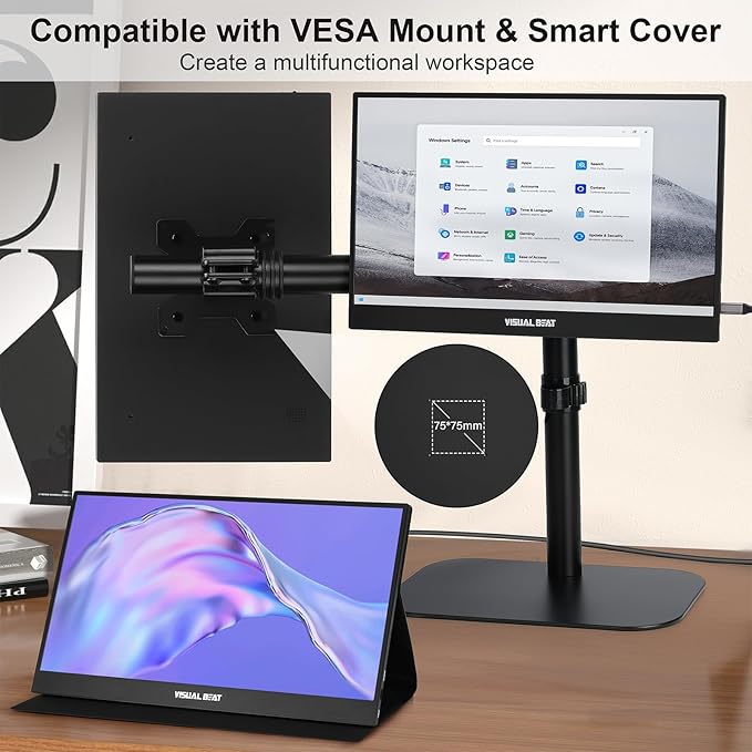 Portable Monitor 15.6'' 1080P FHD USB-C HDMI Computer Display IPS HDR VESA w/Smart Cover Dual Speakers for Laptop PC Mac Phone PS4/5 Xbox