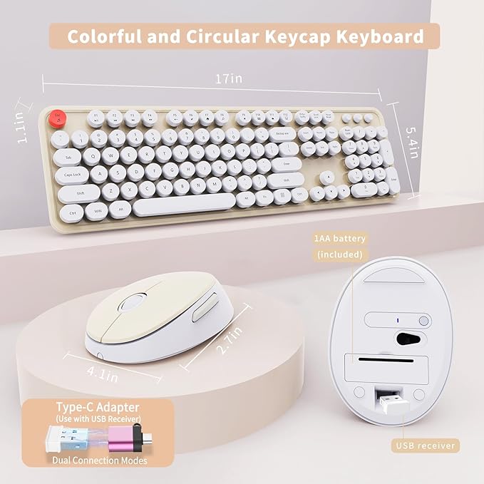 Wireless Keyboard and Mouse Combo Ergonomic Full Size Typewriter Retro Round Keycaps Keyboard Compatible with Windows PC Perfer for Home and Office Keyboards (Beige