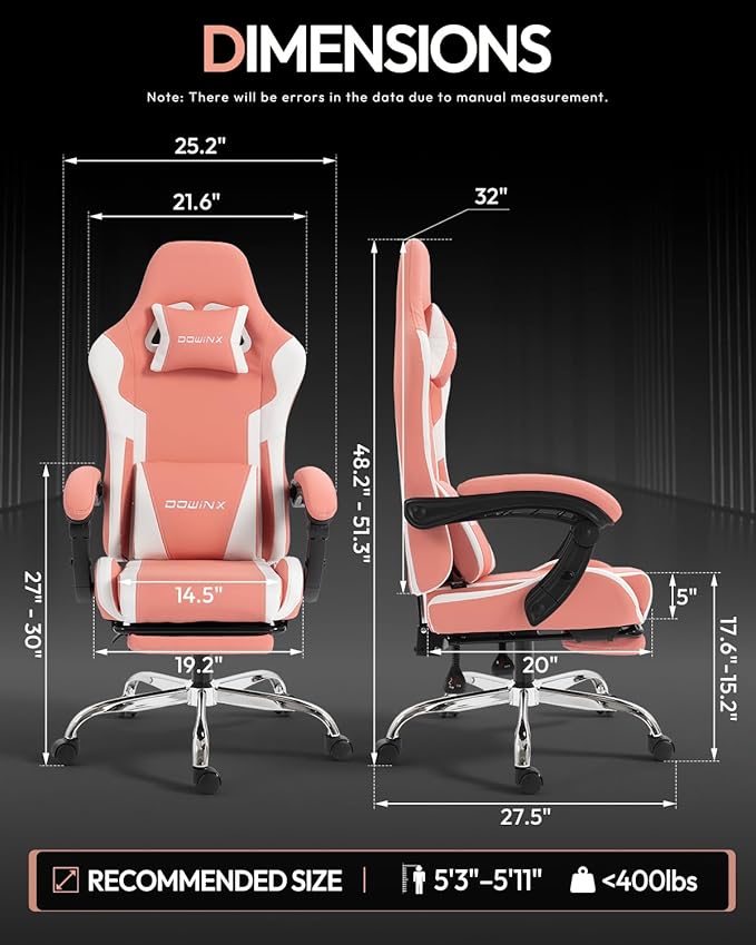 Dowinx Ergonomic Pink Gaming Chair with Footrest &amp Massage Lumbar 2D-Linkage Armrests for Cute Aesthetic Esports Chair for Girls Office Home and Long Gaming Sessions Pink