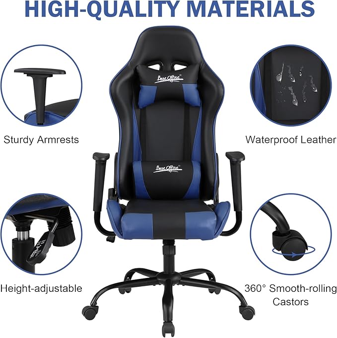BLKMTY Gaming Chair Office Chairs High Back Computer Leather Desk Chair Racing Executive Ergonomic Adjustable Swivel Task Chairs with Headrest and Lumbar Support Blue
