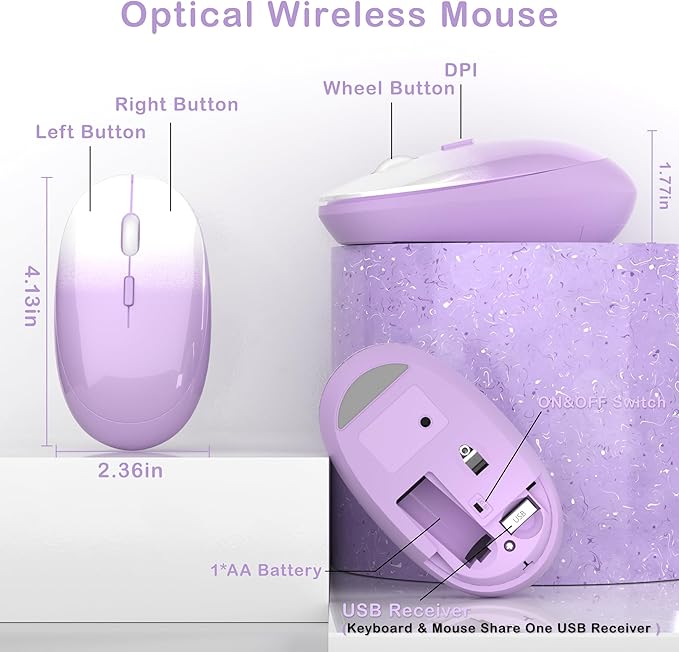 Colorful Wireless Keyboard and Mouse Combo COVEVA 2.4GHz Wireless Retro Cute Round Keycaps Keyboard 104 Keys Full-Sized Keyboard Mouse Set with Switch Button for PC Laptop Desktop (Purple Gradient)