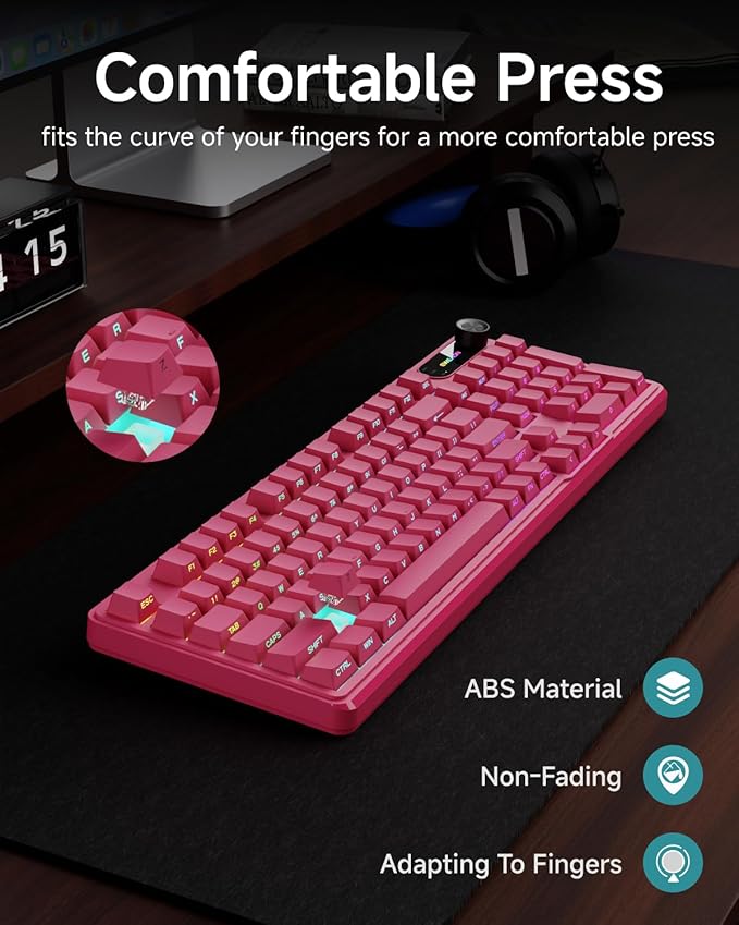 V102 Wired Keyboard 98 Keys Creamy Gaming Keyboard with Number Pad Display Screen &amp Media Knob RGB Silent Wired Cute Computer Keyboard for Laptop PC Gamer - Dark Pink
