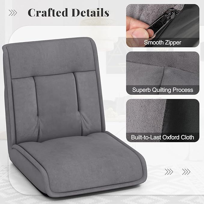 COSTWAY Folding Floor Chair Convertible Lazy Sofa Chair with 14-Poistion Adjustable Backrest 5-Position Adjustable Headrest Cushioned Floor Gaming Chair for Adults Reading Meditating (Grey)