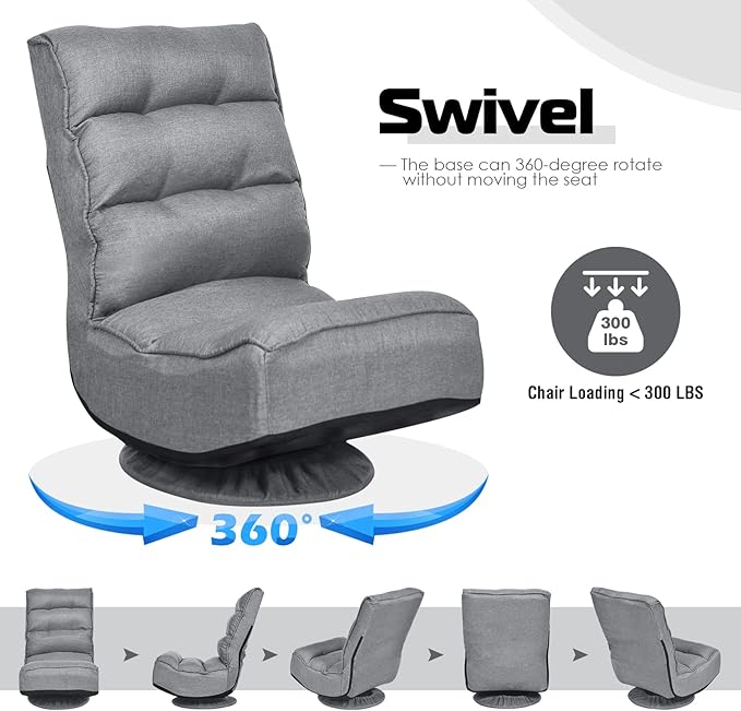 COSTWAY Folding Floor Chair Adjustable 5-Position Video Gaming Chair with 360 Degree Swivel Detachable Cover Padded Backrest Multipurpose Living Room Floor Lounger for TV Reading Playing (Grey)