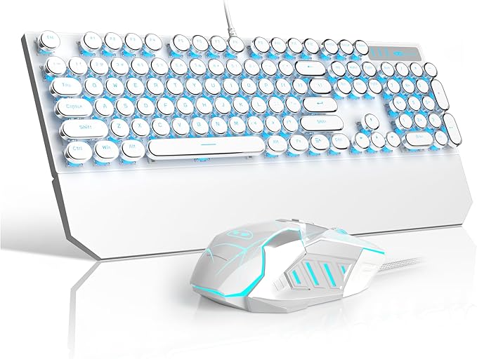 Retro Typewriter Keyboard and Mouse Combo Cute White Keyboard with Linear Red Switches Full Size Wired Mechanical Gaming Keyboard Cool Light Up Keyboard and Mouse for GamingWorkMacPCWindows