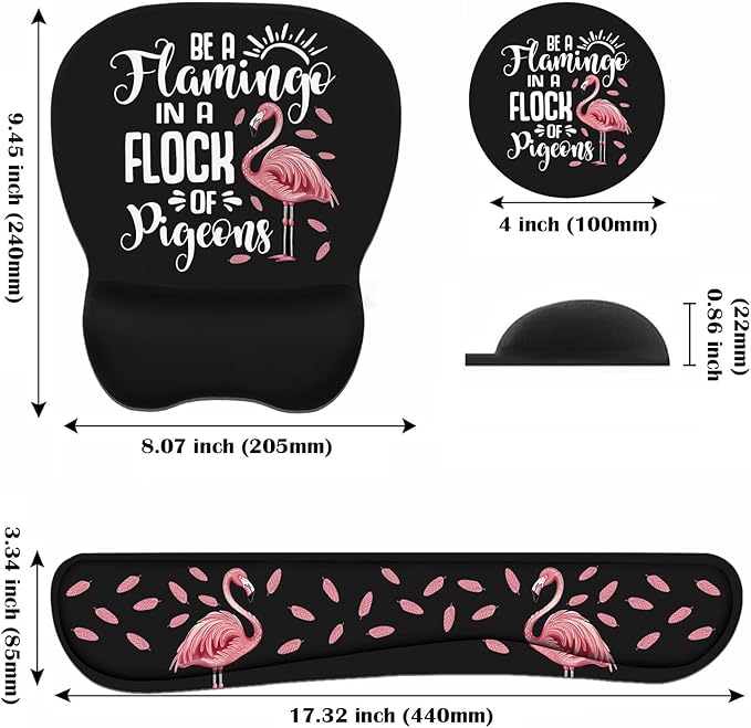Mouse Pad Wrist Support and Keyboard Wrist Rest Set with Coasters Inspirational Quote Be a Flamingo in a Flock Pigeons with Non-Slip PU Base Ergonomic Mousepad for Computer Laptop Home Office