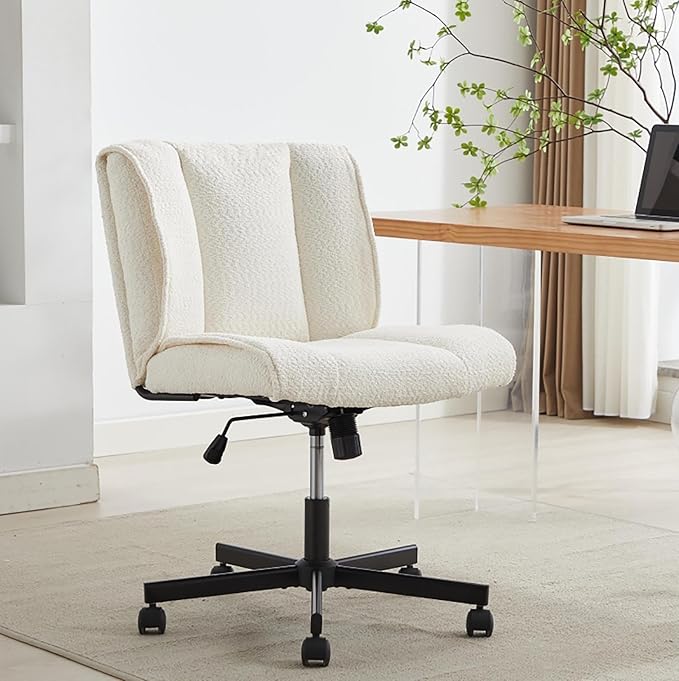 Armless Office Desk Chair with Wheels Cross Legged Wide ChairComfortable Adjustable Swivel Computer Task Chairs for Home OfficeMake Up Small Space Bed Room Load 250 LBS Easy Assembly Whtie
