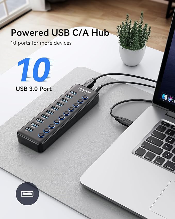 Powered USB Hub Wenter 10-Ports USB Splitter Hub 3.0 with Individual LED On/Off Switches and USB A-C Adapter 12V/3A Power AdapterPowered USB 3.0 Hub for PC Laptop Desktop