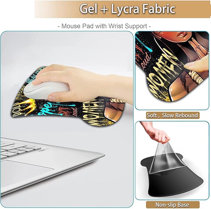 Keyboard Wrist Rest and Mouse Pad Wrist Support Set Ergonomic Gel Mouse Pad Wrist Rest with Non-Slip Base for Home Office Desk Pad African American Black Women Graffiti Girl Gaming Mouse Mat
