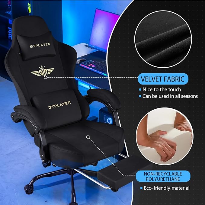 GTPLAYER Gaming Chair Fabric with Pocket Spring Cushion Big and Tall Gamings Chairs 350LBS High Back Computer Chair with Footrest for Adults Lumbar Support Swivel Game Chair for Office Light Black