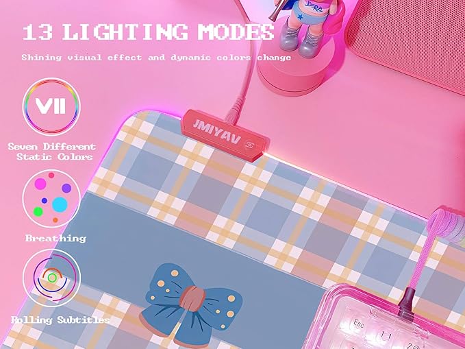 JMIYAV Pink Bow RGB Gaming Mouse Pad 31.5x12In PC XL Large Extended Glowing Led Light Up Desk Pad Non-Slip Rubber Base Computer Cute Mousepad Mat Desk Accessories Gaming Setup 49-9894