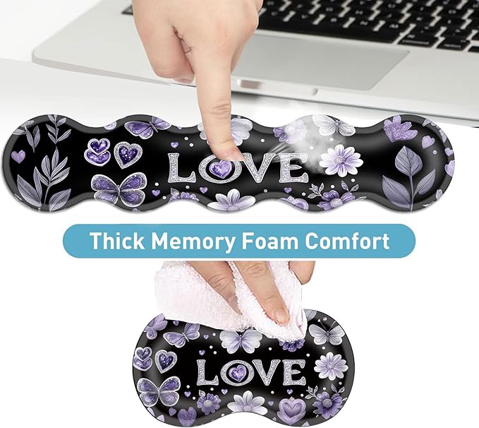 Keyboard Mouse Pad Set Extended Gaming Mouse Pad+Ergonomics Keyboard Wrist Rest Support Memory Foam Easy Typing Pain Relief 4Pcs XL Ultra Thick Desk MatGlitter Love Butterflies Flowers