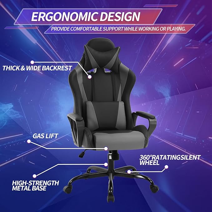Gaming Chair High-Back Office Chair Ergonomic Video Game Chairs Height Adjustable Reclining Computer Chair with Lumbar Support Armrest Headrest Swivel Chair Game Chair for Adult Teen - Grey