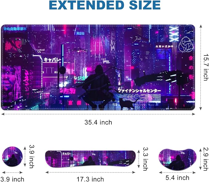 Anime Neon Large Mouse Pad and Keyboard Wrist RestPurple Extended Mouse Pad with Wrist Support Ergonomic Non-Slip Desk Mat Desk Protector Blotter for Home Office Warrior Cat