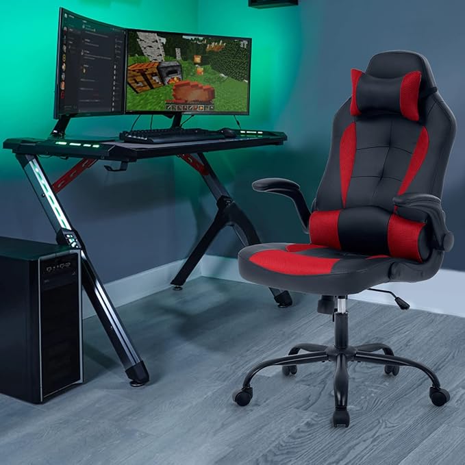 Gaming Chairs for Adults PU Leather Swivel Rolling Adjustable Game Chair with Lumbar Support Flip Up Arms Headrest for Adults Women Men Video Game Chairs Ergonomic Gaming Chair