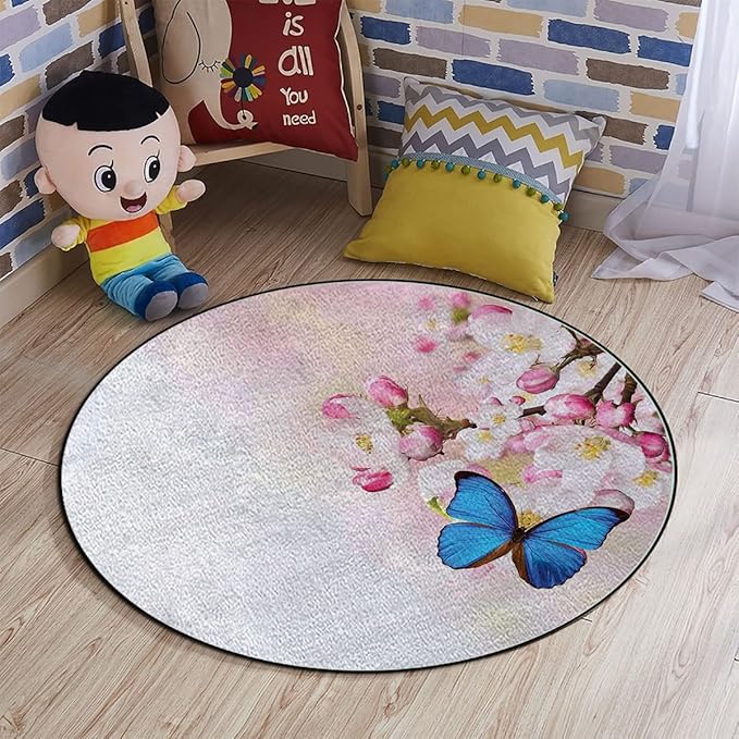 Blue Pastel Pink Gaming Chair Mat Round Floor Mats Blue Butterfly on Spring Cherry Blossoms Office Chair Computer Gaming Desk Mat for Rolling Chair Non-Slip Gaming Rug Modern Diameter 60 in