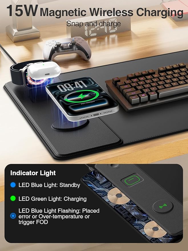 4-in-1 Mouse Pad with Magnetic Wireless Charging 31.5x15.8 Large Desk Mat for Laptop/Keyboard Waterproof Smooth Surface Non-Slip Base with Adapter