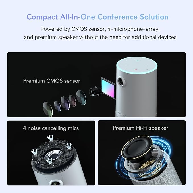 NUROUM C10(2nd Gen) 1080P Conference Webcam with Microphone Speaker Portable All in One Computer Camera for Video Conference AI Noise Cancellation &amp AGC USB Plug&ampPlay for PC/Desktop Zoom/Te