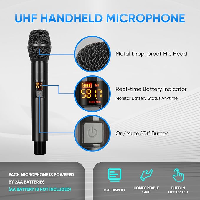 Wireless Microphone System 4 Channels UHF Metal Cordless Handheld Wireless Mics Set - Adjustable Frequencies Auto Scan 165ft Range for Karaoke Singing Meeting Church Wedding (BLM404)