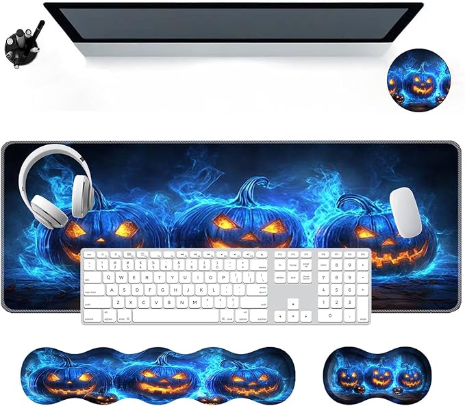 Large Mouse Pad Wrist Support SetDesk Pad+Keyboard Wrist Rest+Mouse Pad Wrist Support+Coaster4in1 XXL Big MousepadErgonomic Design Gaming Mat for Home Office TableHalloween Pumpkin