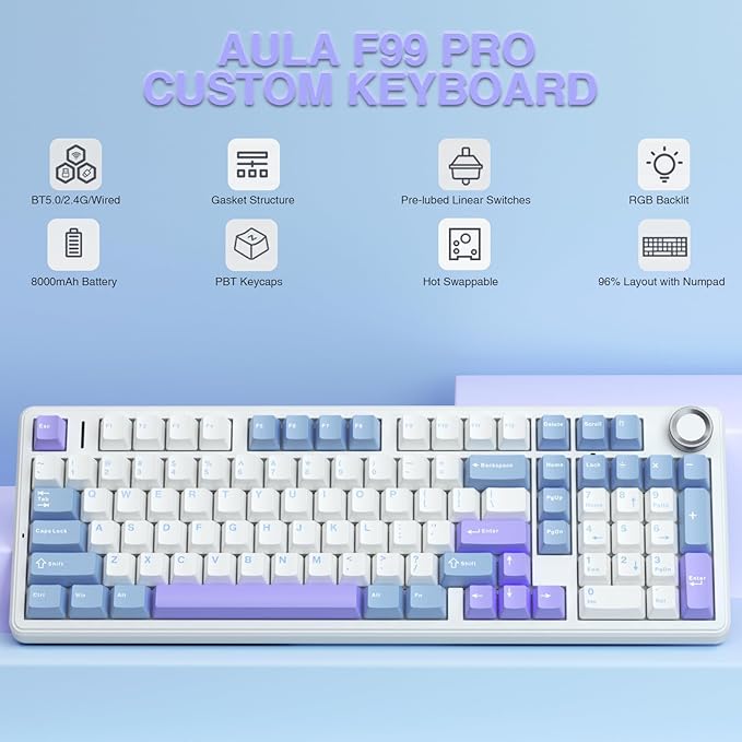 AULA F99 Pro Wireless Mechanical Keyboard with KnobCreamy SoundTri-Mode BT5.0/USB-C/2.4GHz Hot Swappable KeyboardGasket StructureRGB Backlit Computer Gaming Keyboards