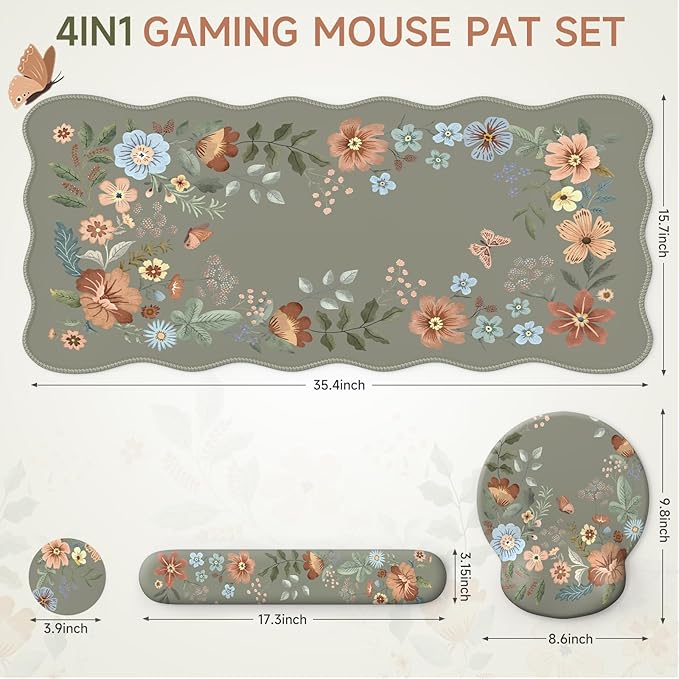 Desk Pad Mat Green Wrist Rest Support for Mouse Pad&ampKeyboard Set Scalloped Vanity mat Protector for Makeup Cute Floral Nail Mat Aesthetic Desk Protector for Women's Office Home Dorm