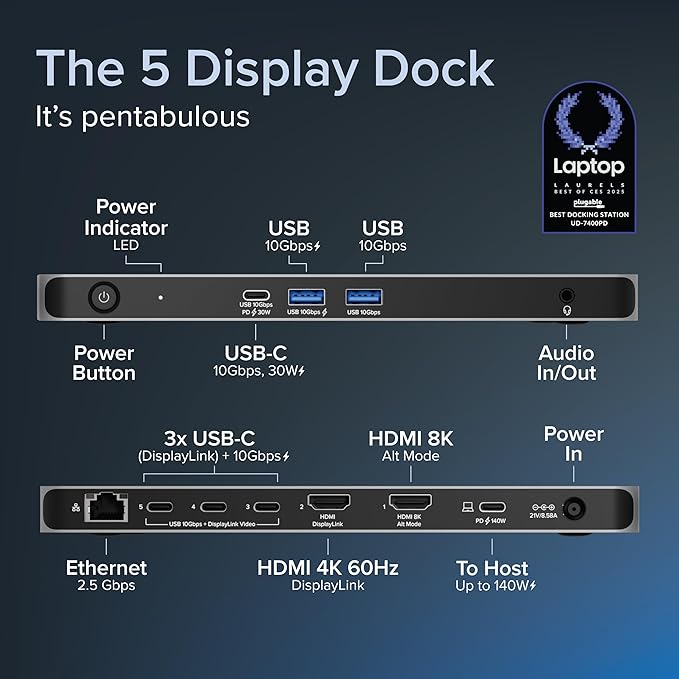 Plugable USB C Docking Station 5 Monitors 140W DisplayLink Dock Connects up to Five 4K Displays for MacBook Windows Thunderbolt 4 Laptops 2x HDMI 3x USBC 2.5Gbps Ethernet Driver Required UD-7400PD