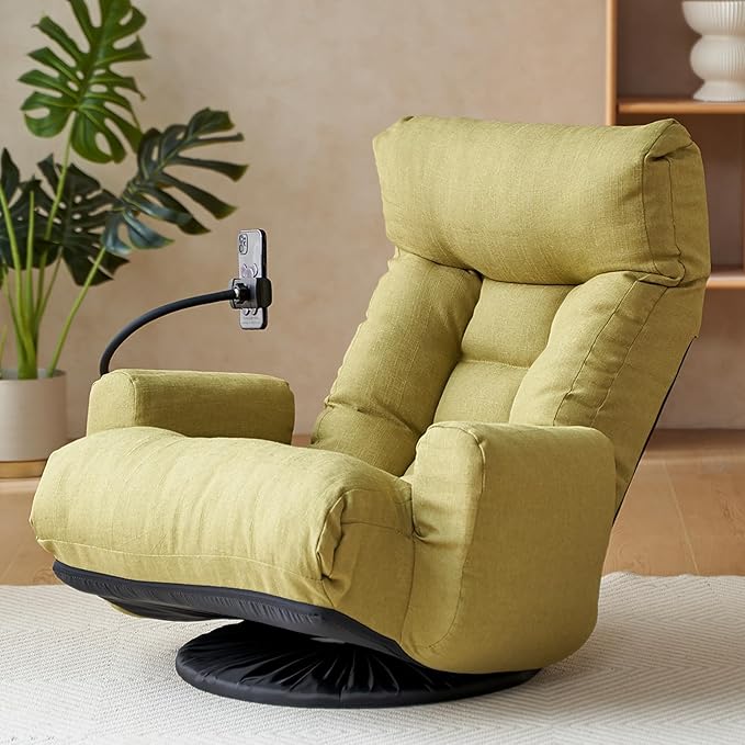 Floor Chair with Back Support Swivel Gaming Chair with 5 Adjustable Position Meditation Chair with Phone Holder Linen Indoor Lounge Chair for Lazy Boys Living Room Bedroom Lounge Green