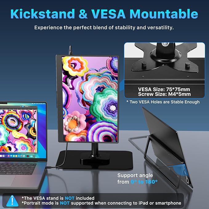 Portable Monitor 14 inch 4K 3840X2400 100000:1 100% DCI-P3 OLED HDMI USB-C Travel Monitor for Laptop MacBook PC Surface PS5 Xbox External Display with Kickstand &amp Speakers VESA Compatible