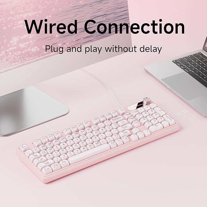 V102 Wired Keyboard 98 Keys Creamy Gaming Keyboard with Number Pad Display Screen &amp Media Knob RGB Silent Wired Cute Computer Keyboard for Laptop PC Gamer - Pink