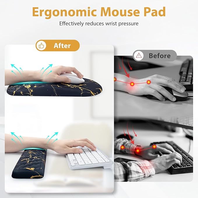 EYROZILL 3 in 1 Ergonomic Wrist Rest for Keyeboard and Mouse Non-Slip Desk Mouse Pad with Wrist Support Keyboard Wrist Rest and Mouse Pad Set Massage Design (Black Marble)