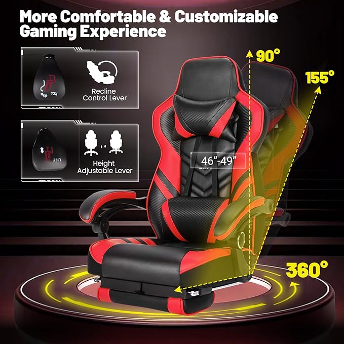 Goplus Gaming Chair Computer Chair with Footrest and Lumbar Support Height Adjustable Executive Swivel Rolling Task Chair with 90°-155° Tilt Function (Red)