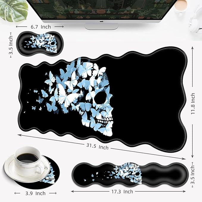 Desk Mat Mouse Pad with Wrist Rest 4-in-1 Large Mouse Pads for Desk Ergonomic Mouse Pad and Keyboard Wrist Rest Gaming Keyboard Mat for OfficeButterfly Skull
