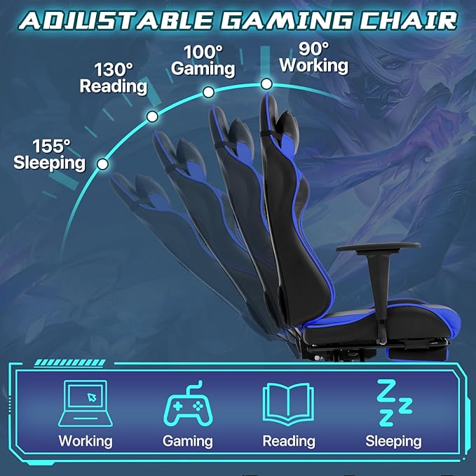 Ergonomic Gaming Chair - Reclining Computer Chair with Lumbar Support &amp Headrest Pillow Adjustable Footrests 90-135° Recline for Home Office &amp Gaming Heavy Duty 250lbs Capacity Blue